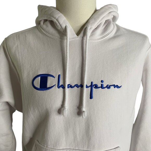 Champion Reverse Weave Hoodie Sweatshirt S White Embroidered Kangaroo Pocket - Picture 2 of 7